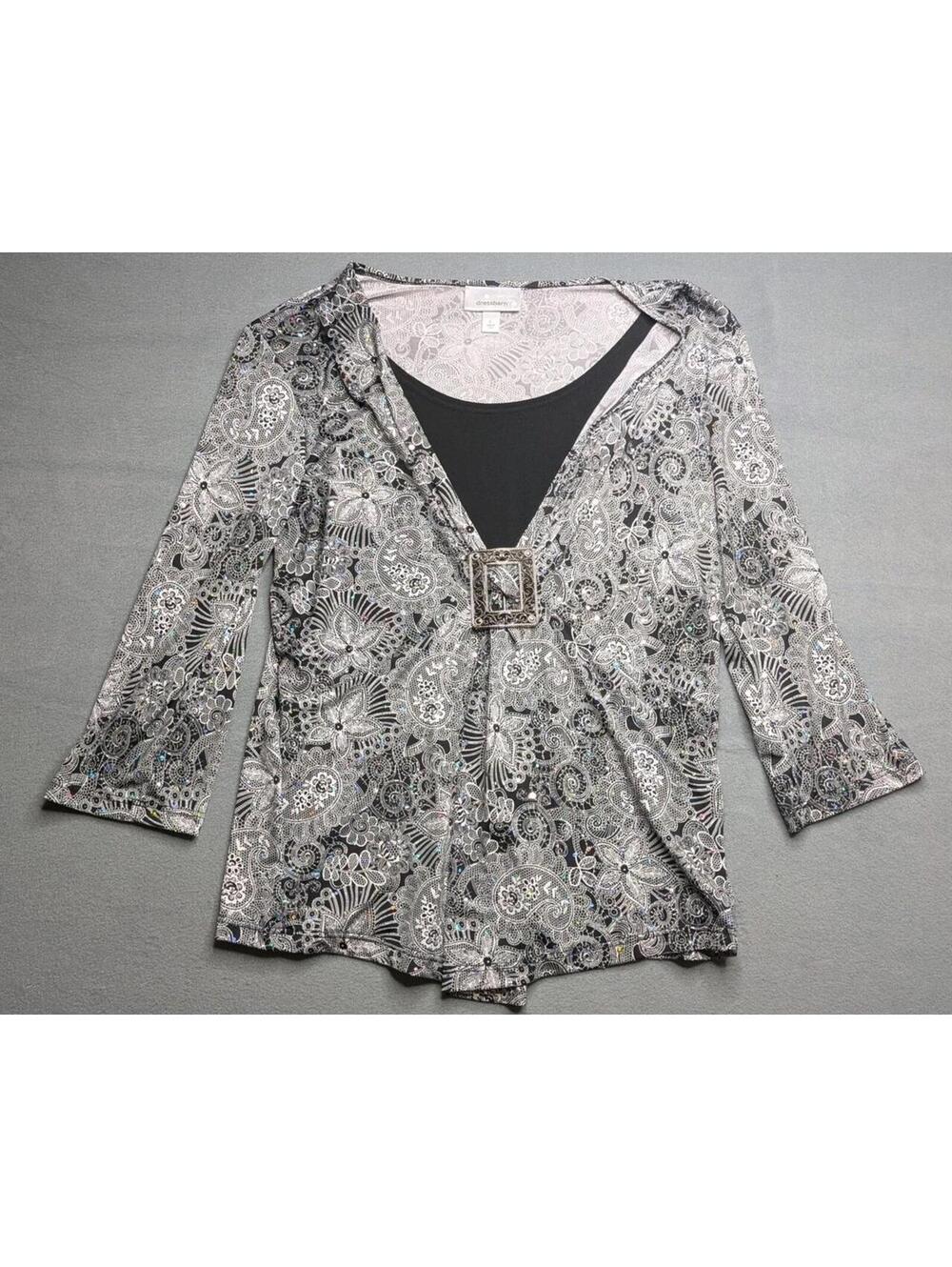 Dressbarn Blouse Womens L Black V Neck 3/4 Sleeve Sequin Paisley Buckle Tunic